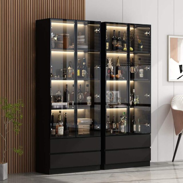 78.7 in. Black Wooden Accent Storage Cabinet With 2-Glass Doors, Drawers, Multiple Shelves, LED Lights