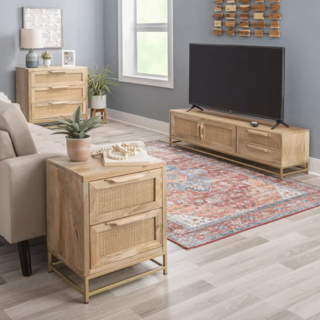 Casper Natural Rattan Cabinet with Three Drawers and Gold Legs