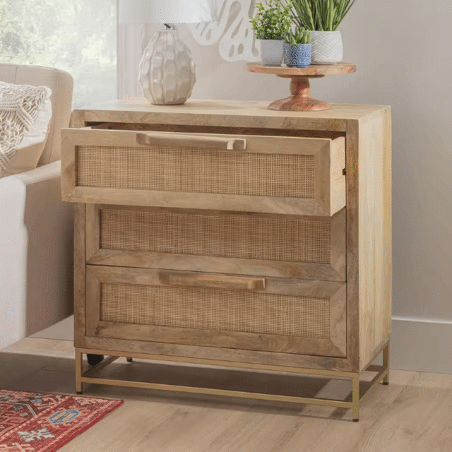 Casper Natural Rattan Cabinet with Three Drawers and Gold Legs